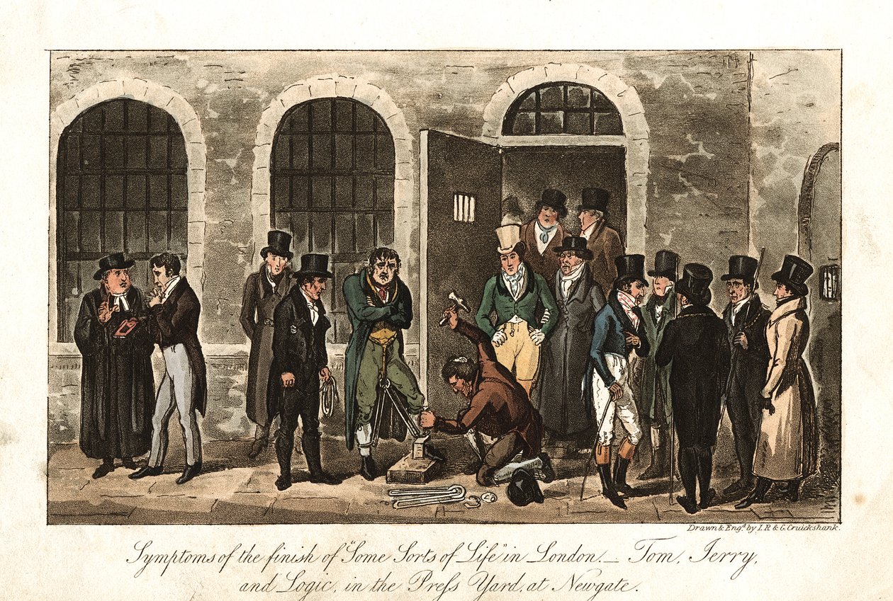 Tom, Jerry und Logic im Press Yard, Newgate-Gefängnis, London, 1821 von George Cruikshank