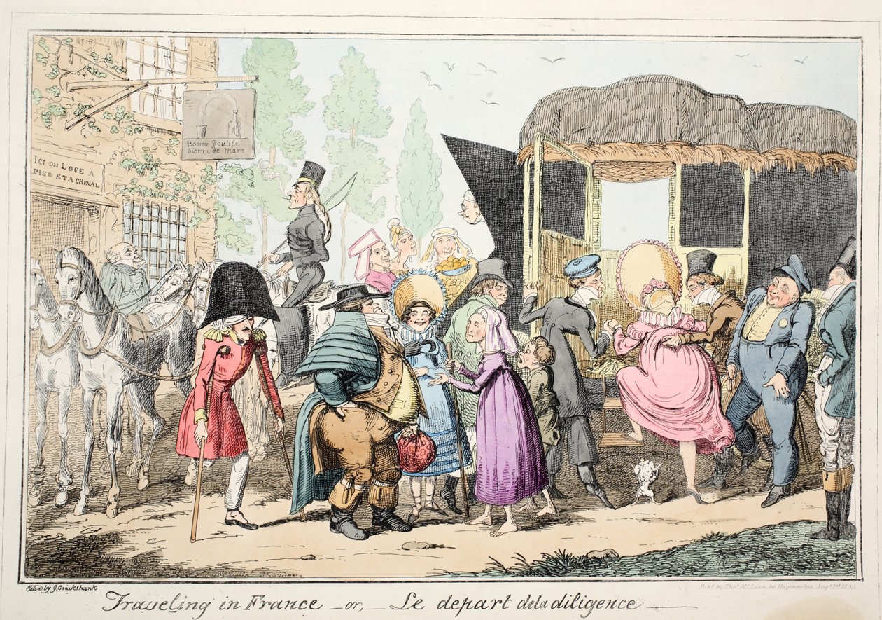 Reisen in Frankreich oder Le Depart de la Diligence, veröffentlicht 1835 (handkolorierte Radierung) von George Cruikshank