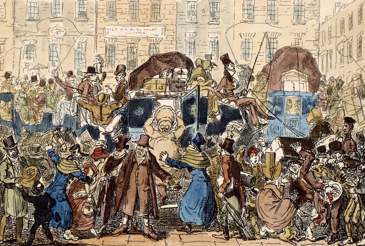 Reisen in England, oder ein Blick aus dem White Horse Cellar, 1819 von George Cruikshank
