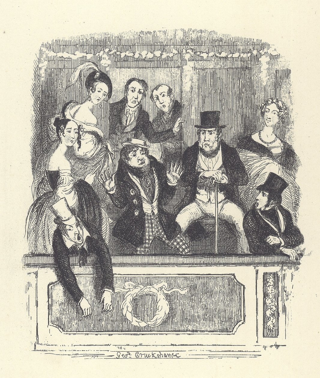 Viktorianische Theaterbesucher drängen sich in eine Loge in einem Londoner Theater (Gravur) von George Cruikshank