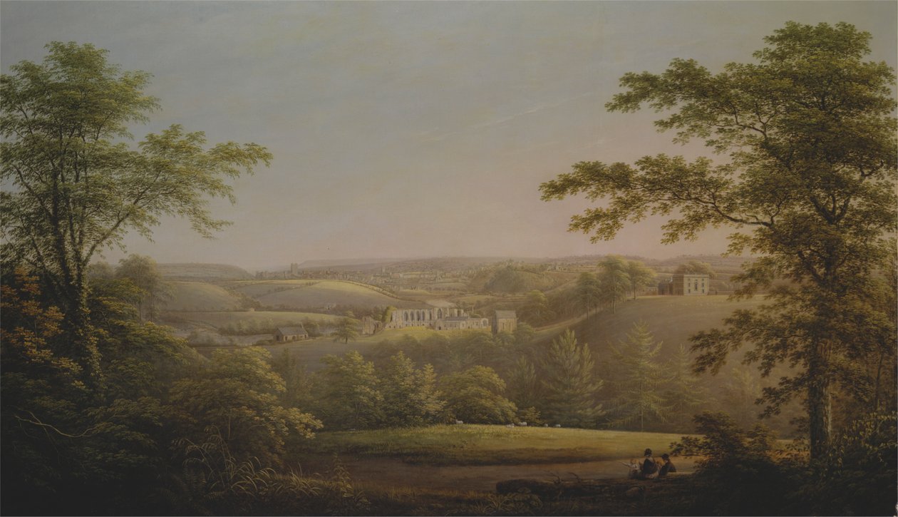 Easby Hall und Easby Abbey mit Richmond, Yorkshire im Hintergrund von George Cuitt