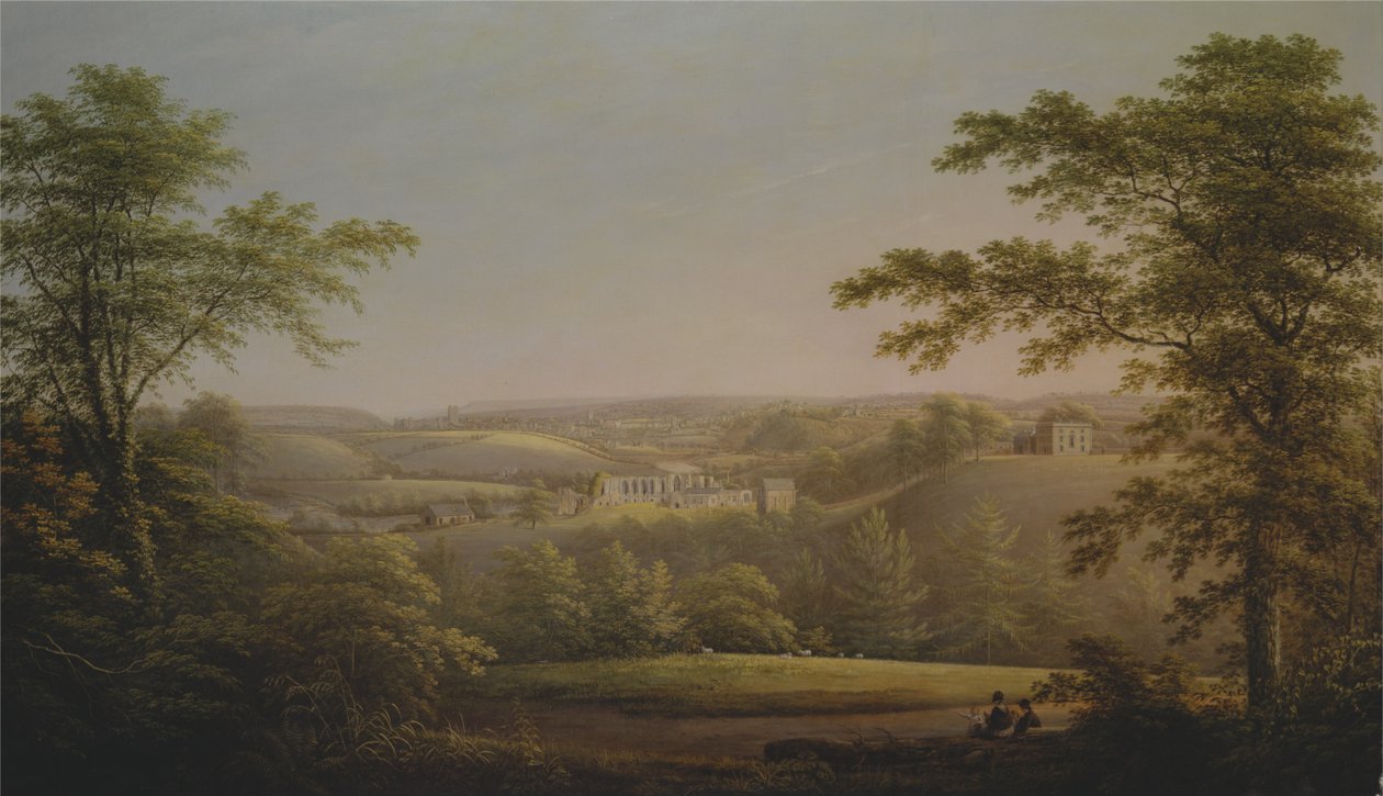 Easby Hall und Easby Abbey mit Richmond, Yorkshire im Hintergrund von George Cuitt