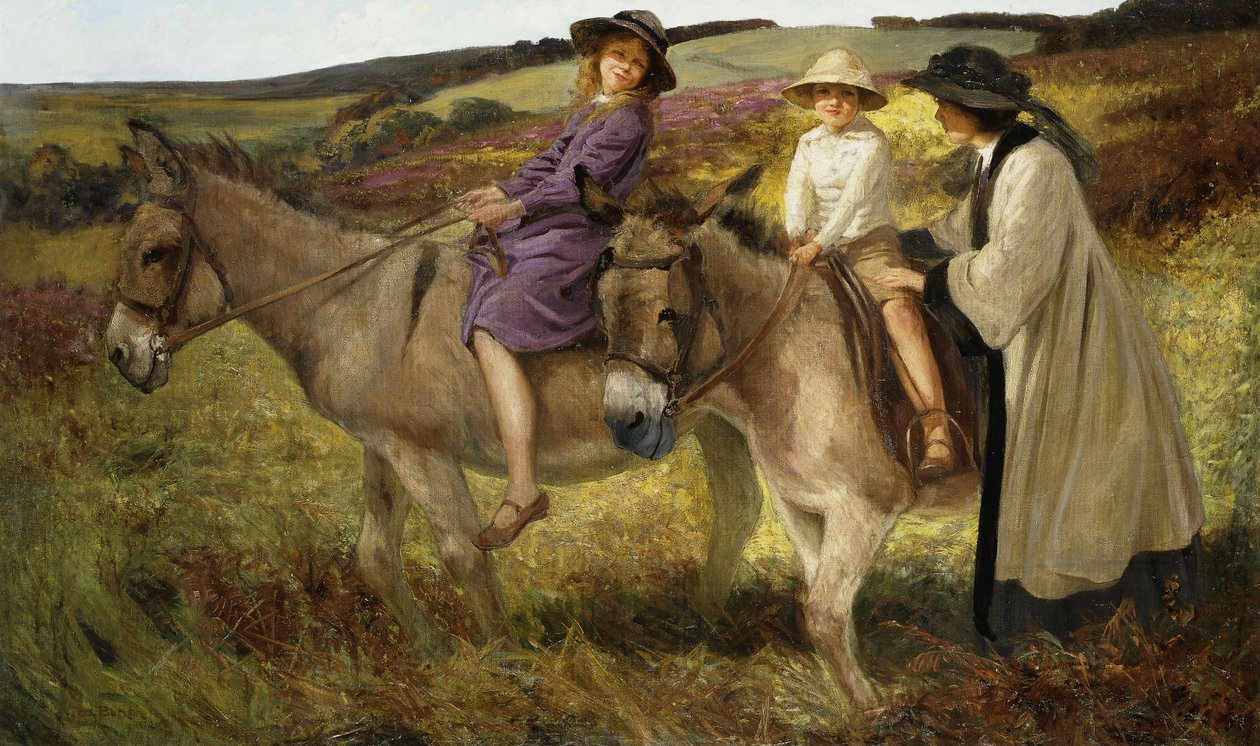 Zwei Kinder reiten auf Eseln am Rand eines Moors von George Edmund Butler