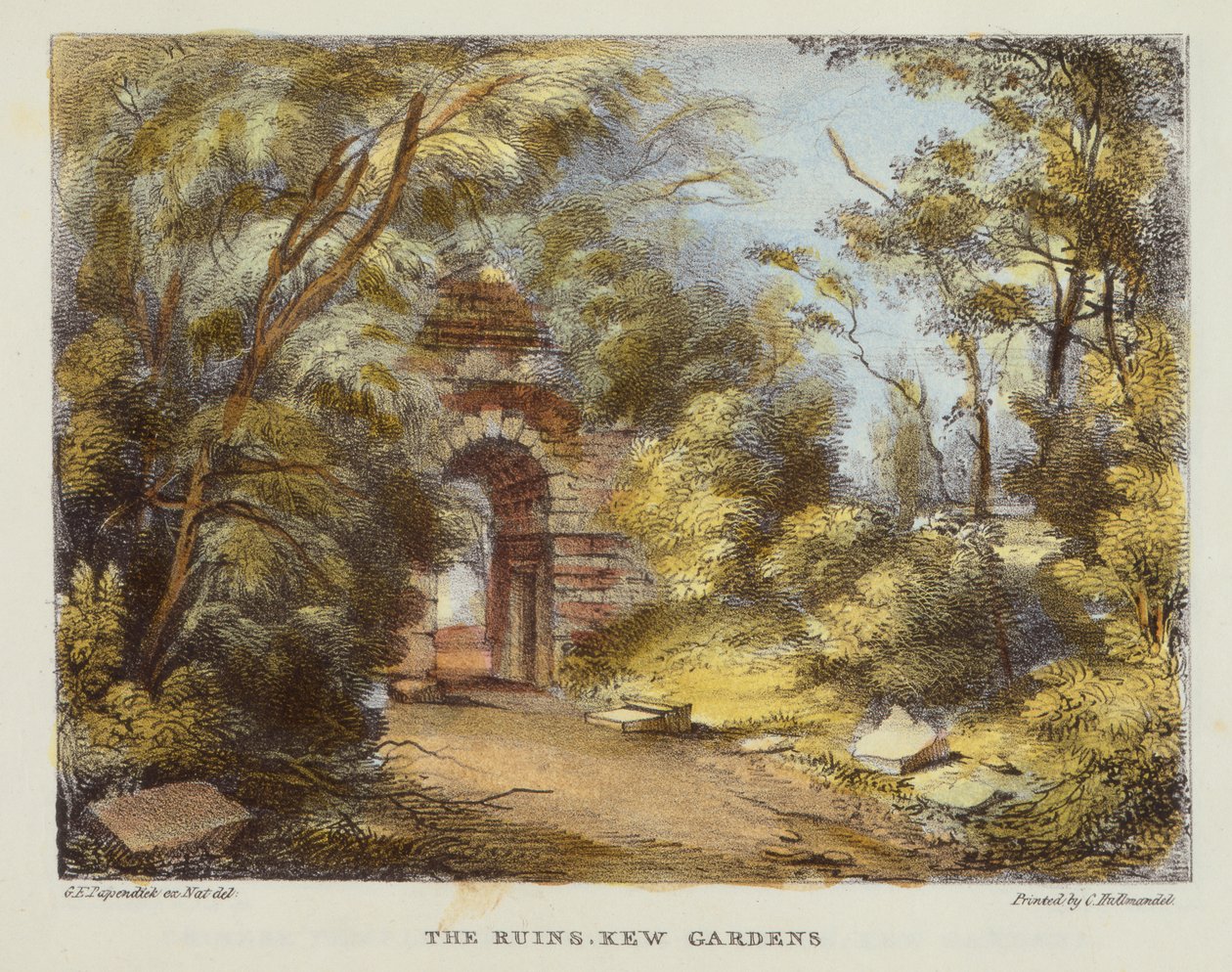 Die Ruinen, Kew Gardens, Tafel 15 aus Kew Gardens: Eine Serie von vierundzwanzig Zeichnungen auf Stein, graviert von Charles Hullmandel (1789-1850), veröffentlicht 1820 von George Ernest after Papendiek