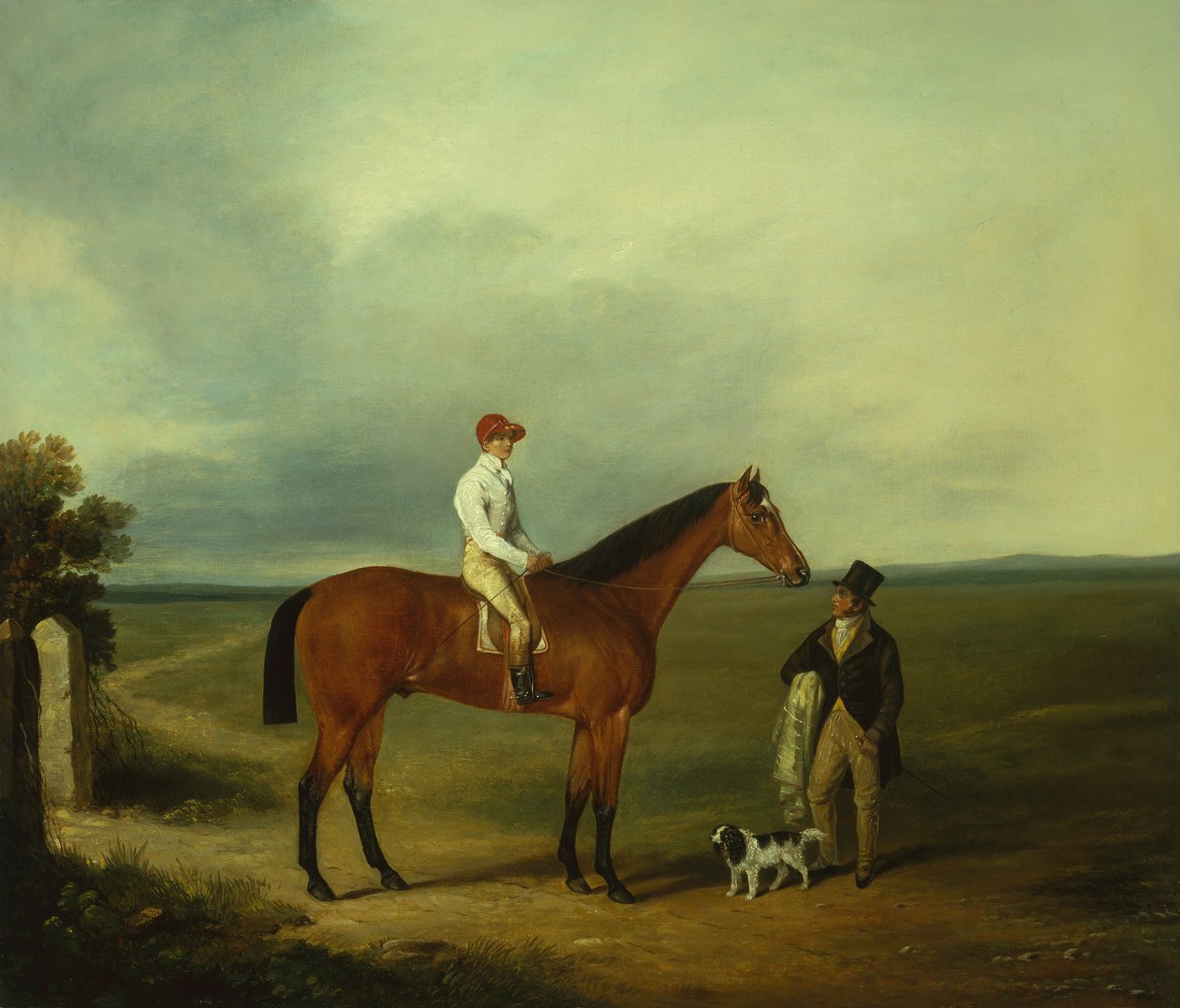Ein Rennpferd mit Jockey, Trainer und Spaniel von George Fenn
