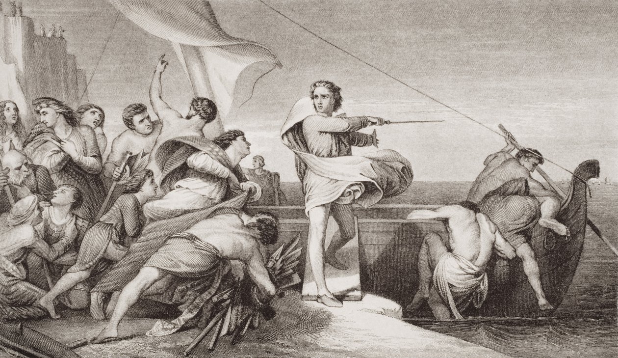 König Alfred ermutigt die Angelsachsen, die Invasion der Dänen im Jahr 876 abzuwehren, aus 