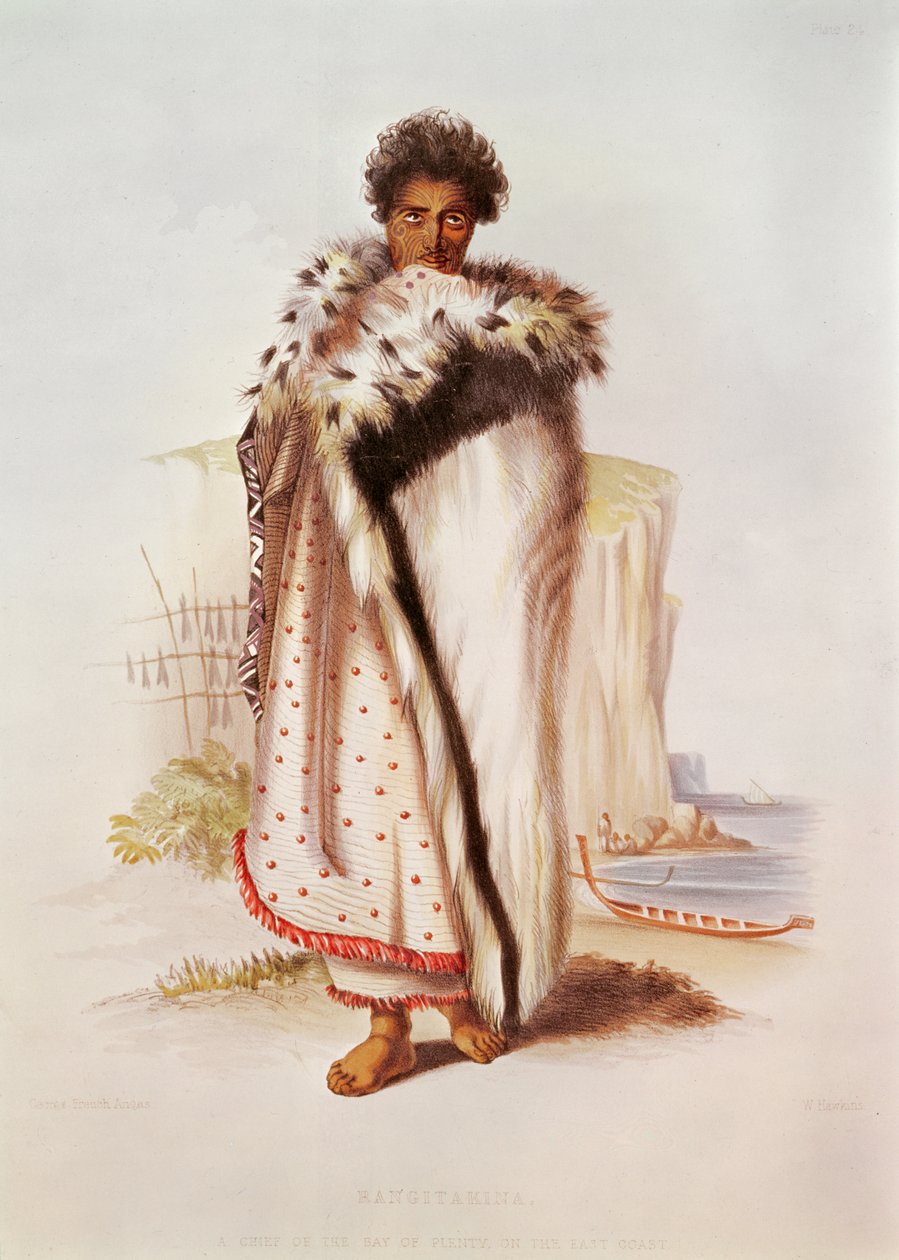 Rangitakina, ein Häuptling der Bay of Plenty an der Ostküste, Illustration aus New Zealand Illustrated, graviert von W. Hawkins, ca. 1845 von George French Angas