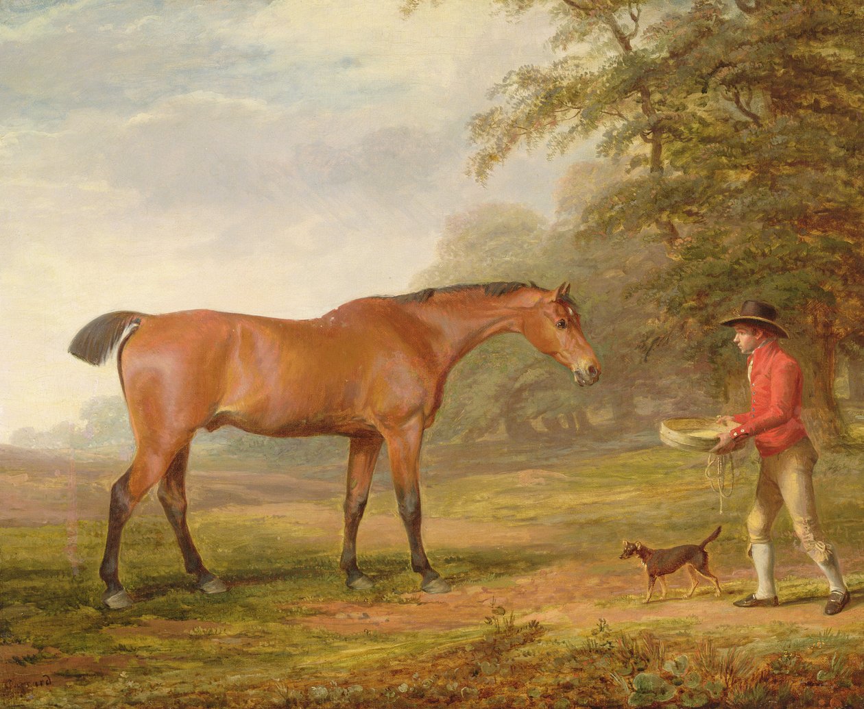 Ein braunes Pferd wird von einem Stallburschen mit Futter und Halfter angesprochen, 1789 von George Garrard