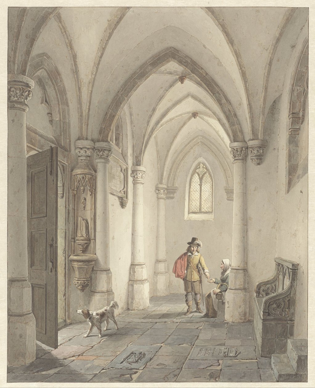Kircheninterieur mit einem Mann, der einer Bettlerin ein Almosen gibt von George Gillis Haanen