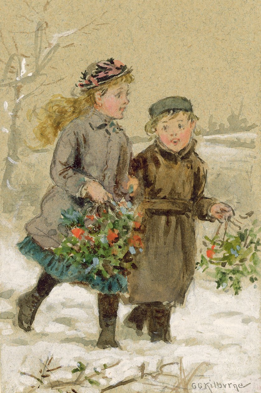 Kinder spielen im Schnee - Sammeln von Stechpalmen von George Goodwin Kilburne