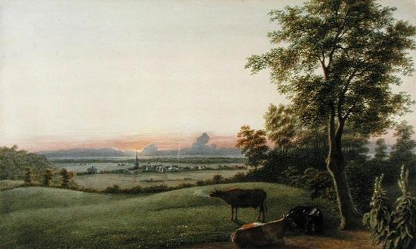 Sonnenaufgang - Flatbush und der Ozean vom Greenwood Cemetery, Long Island, New York, ca. 1830-40 von George Harvey