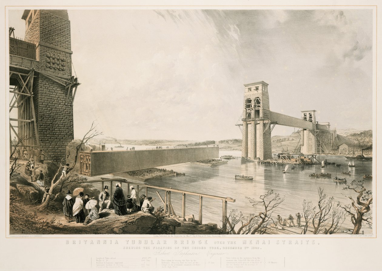 Britannia Tubular Bridge während des Baus, 3. Dezember 1849 von George Hawkins