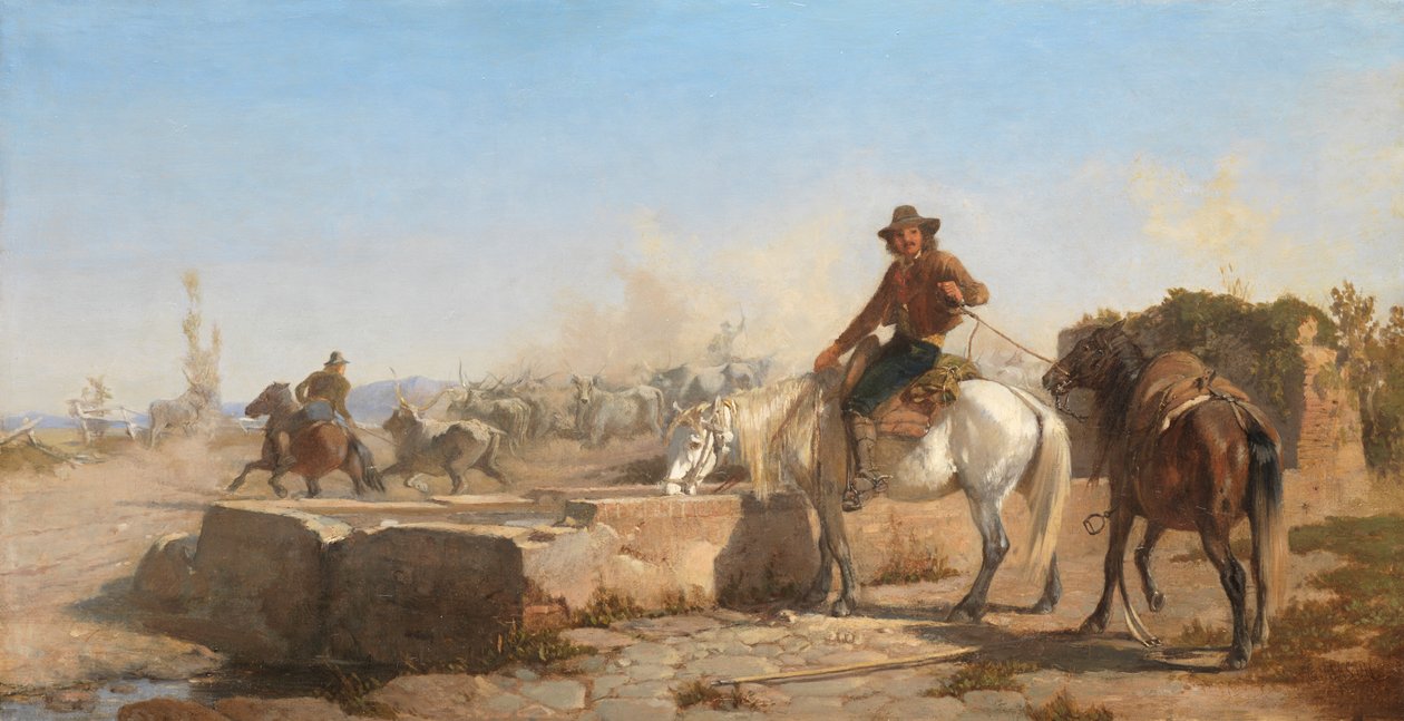 Ein Buttero tränkt sein Pferd in der römischen Campagna, 1853 von George Hemming Mason