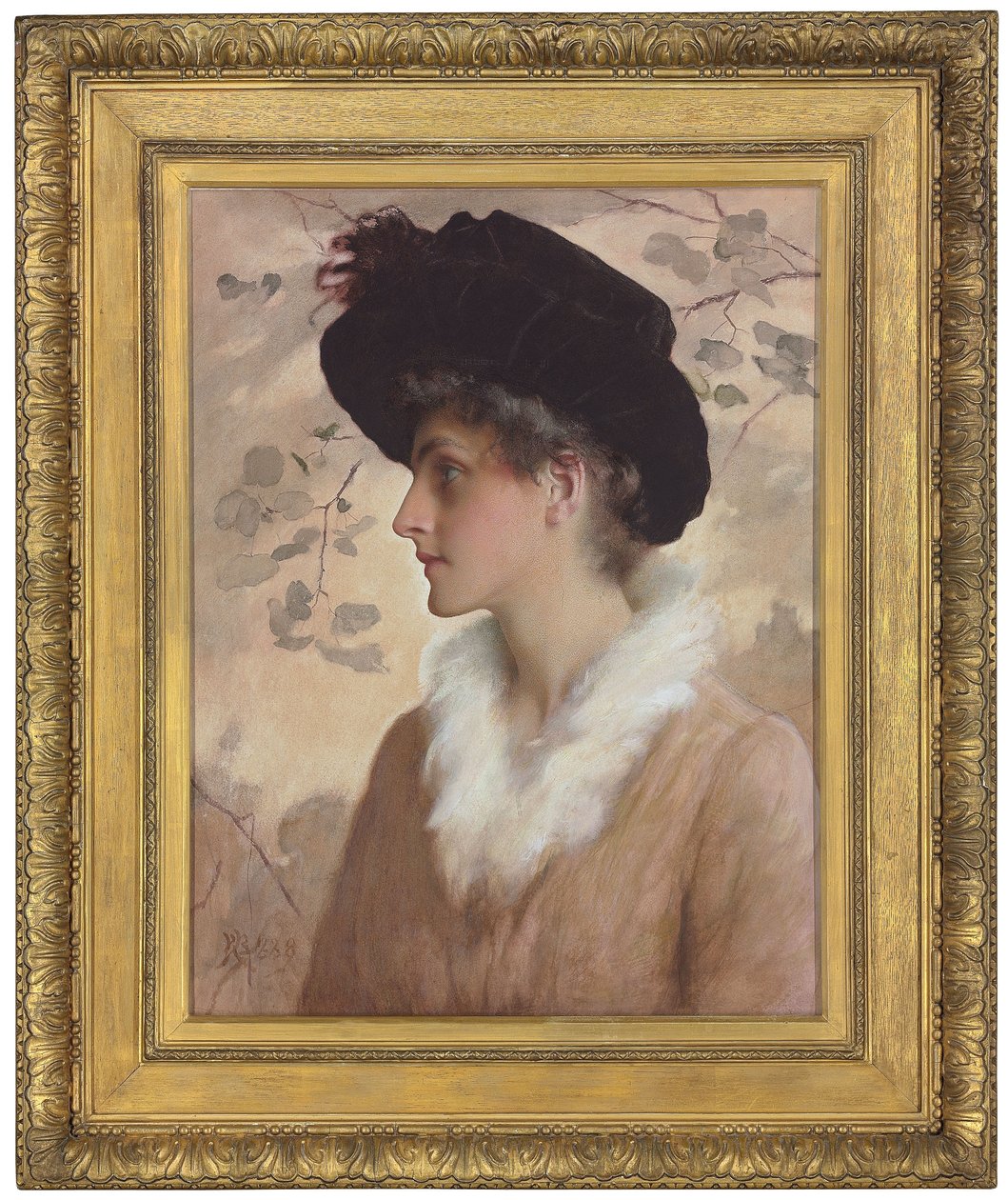 Porträt einer Dame, Halbfigur, mit schwarzem Hut und Pelzstola, 1888 von George Henry Boughton
