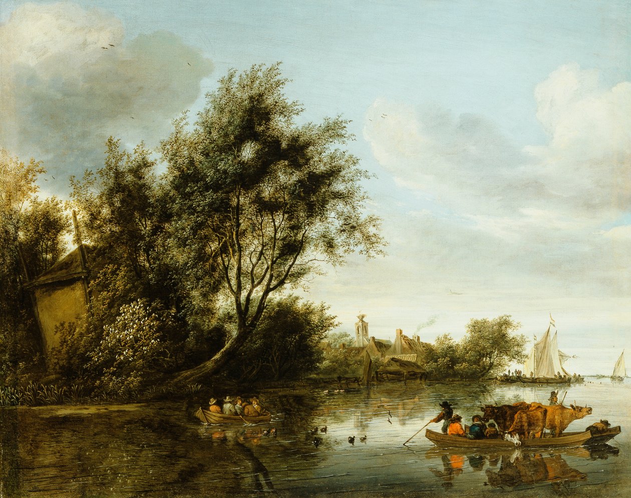 Eine Flusslandschaft mit einem Heuboden zwischen Bäumen und einer Fähre mit Passagieren und Vieh von George Henry Clements