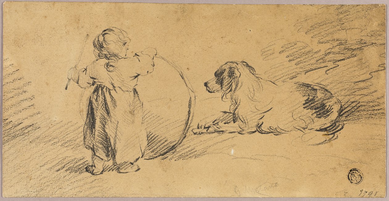 Kind spielt mit Ball und Hund von George Morland