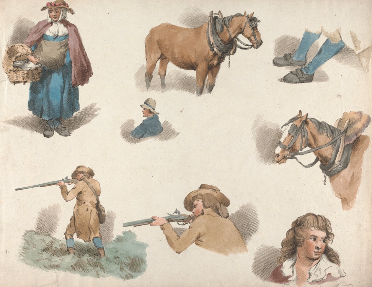 Satz von fünf: Acht Studien: Frau mit Korb, Pferd mit Scheuklappen usw. von George Morland