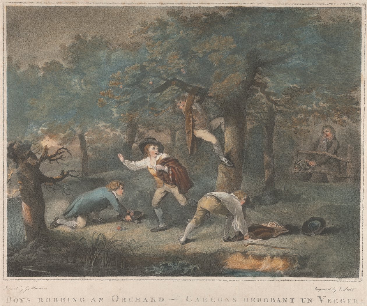 Satz von vier: Jungen, die einen Obstgarten ausrauben von George Morland