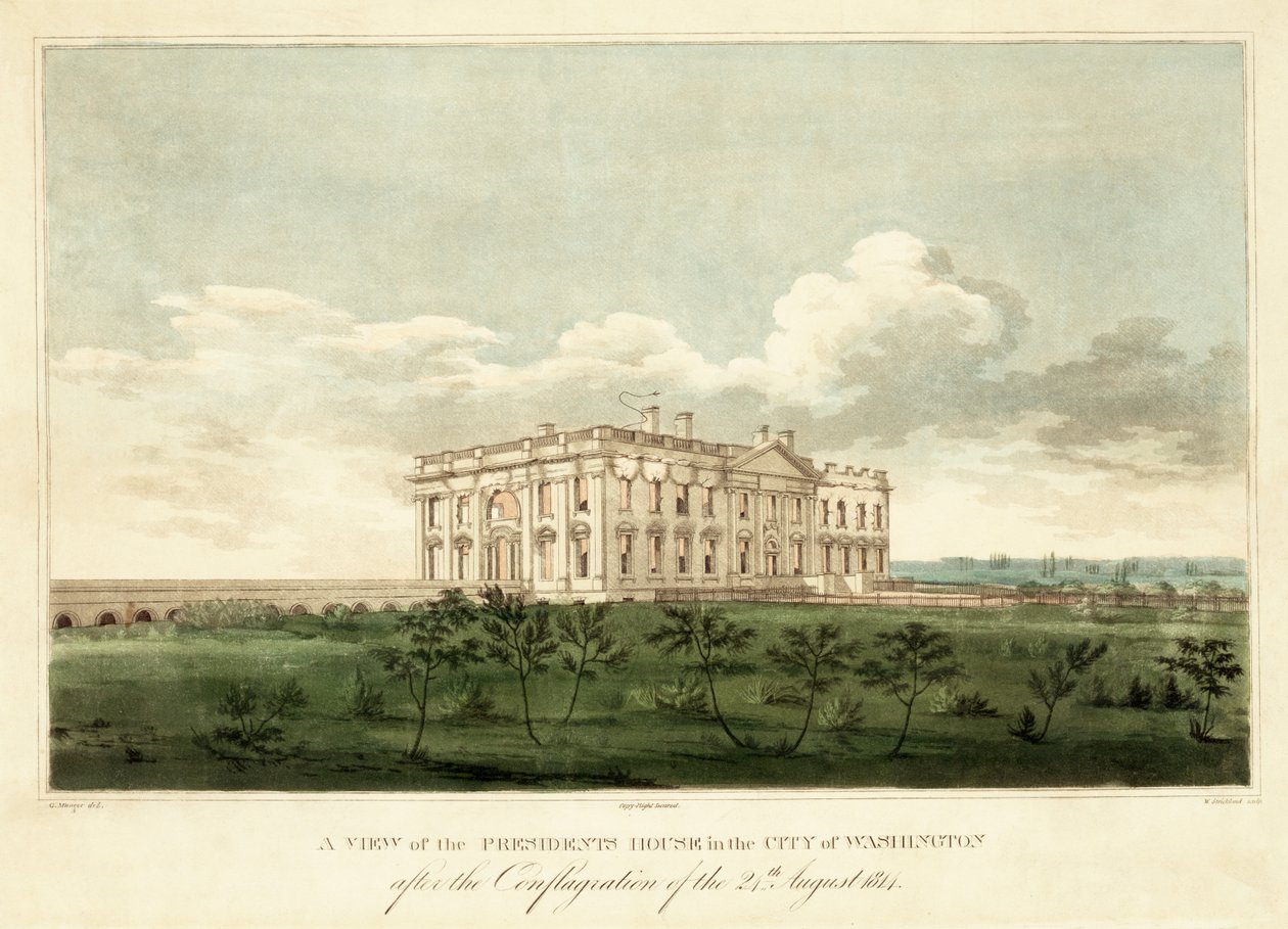 Ein Blick auf das Präsidentenhaus in der Stadt Washington nach dem Brand vom 24. August 1814 von George Moutard Woodward