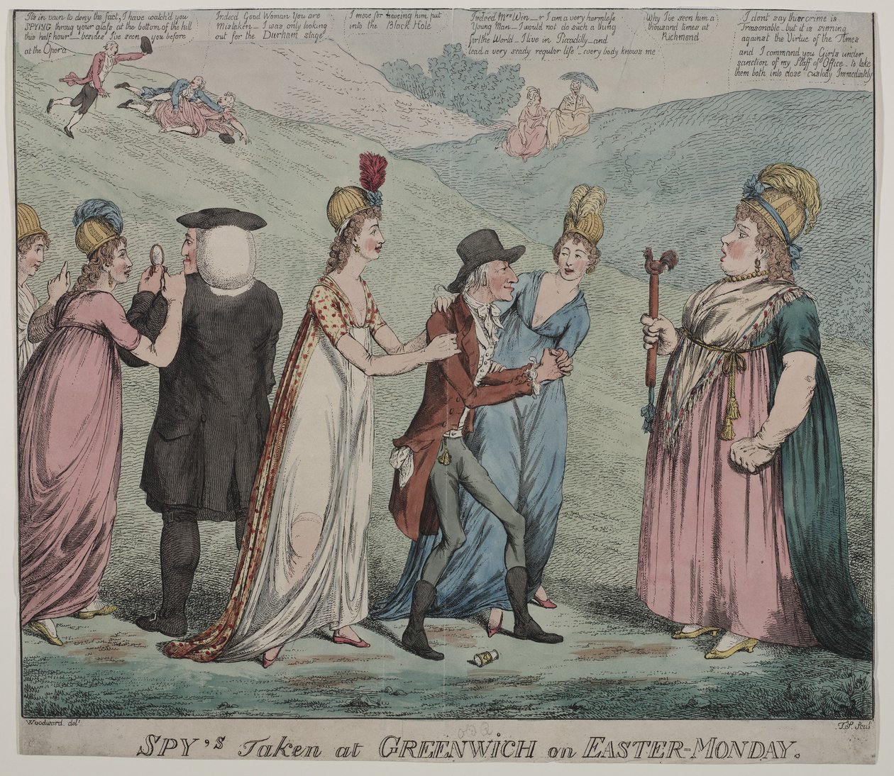 Mutter Windsor mit vier ihrer Kurtisanen, befiehlt ihren Mädchen, den Bischof von Durham und den Herzog von Queensbury zu verhaften, 1798 von George Moutard Woodward