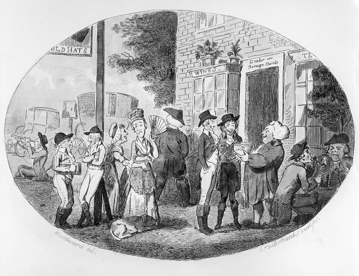 Vor der Old Hats Taverne, graviert von Isaac Cruikshank, 1796 von George Moutard Woodward