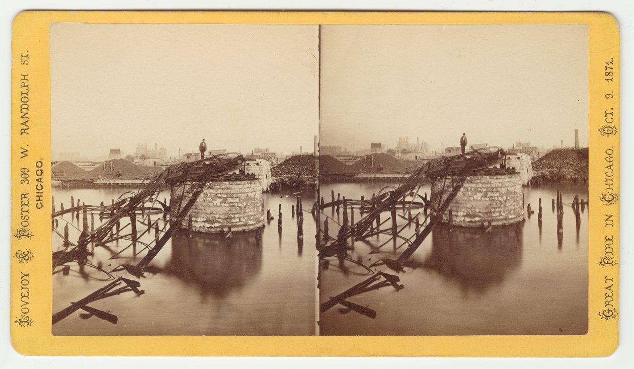 Stereograph der Van Buren Street Brücke nach dem Chicago-Feuer von 1871, 1871 von George N. Barnard