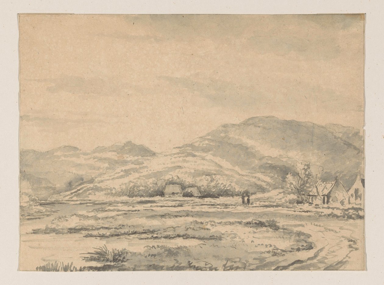 Hügellandschaft mit einigen Häusern und links ein Fluss von George Pieter Westenberg