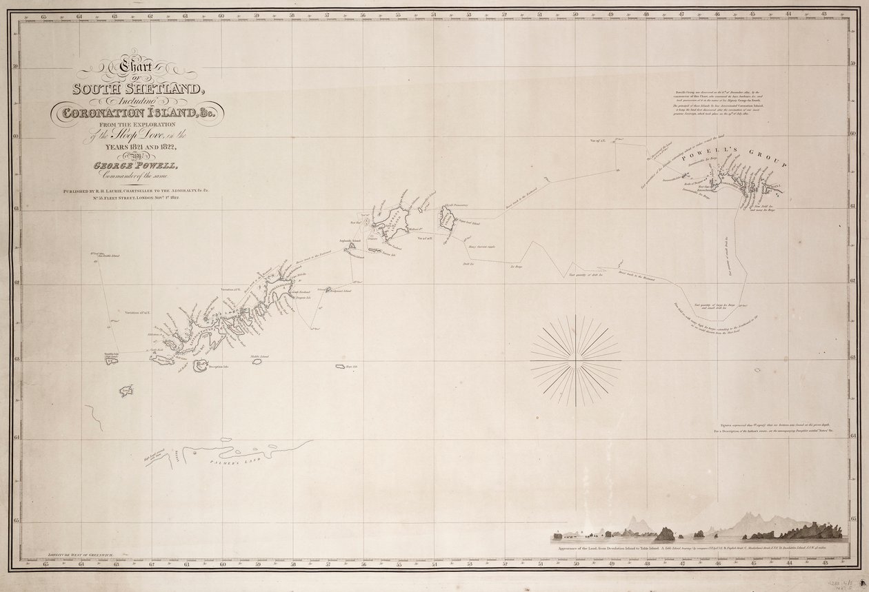 Karte von Süd-Shetland einschließlich Coronation Island, aus der Erkundung der Schaluppe Dove in den Jahren 1821 und 1822 durch George Powell von George Powell