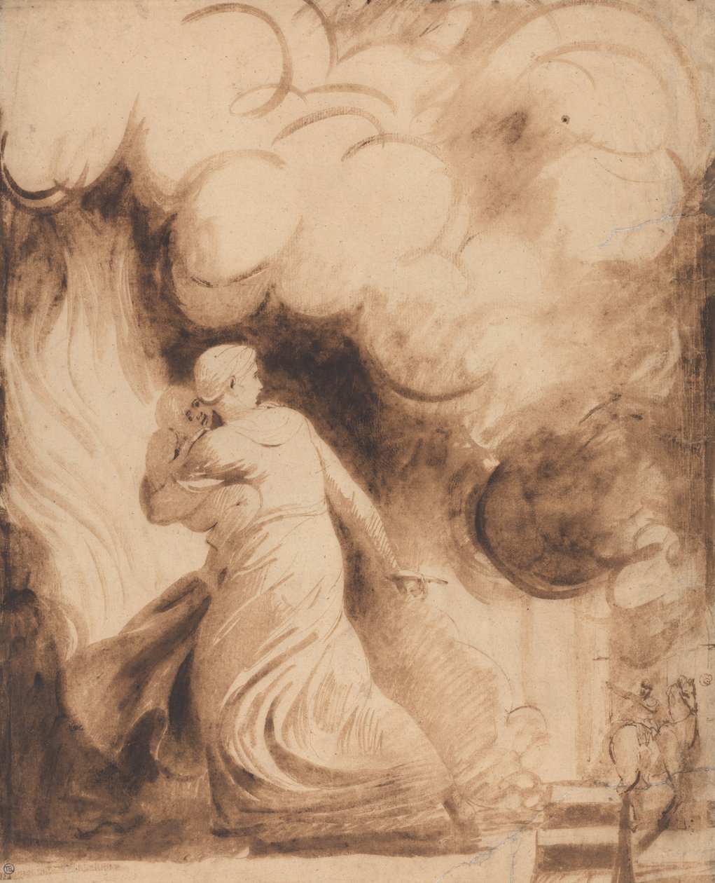 Eine Mutter mit ihrem Kind in den Armen fliegt über die Stadtmauern einer brennenden Stadt von George Romney