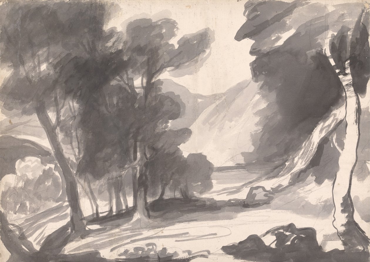 Landschaftsstudie: Gehölz, See und Berge von George Romney