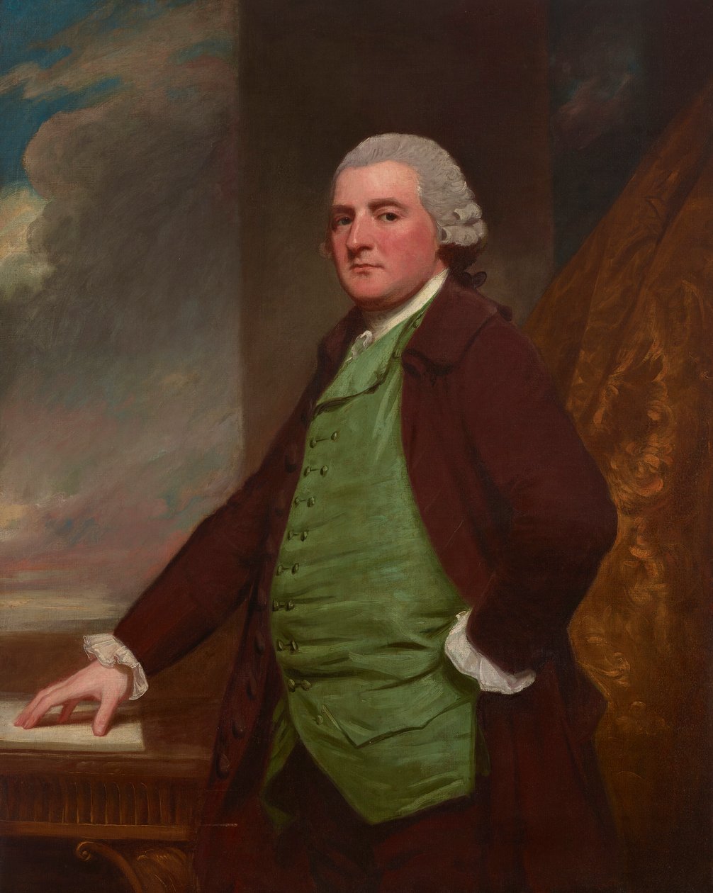 Porträt von James Cross aus Clifton, Bristol (?1739-1791), dreiviertellang, an einem Tisch mit Landschaft im Hintergrund von George Romney