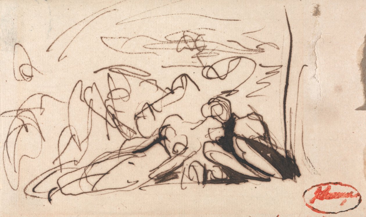 Niederliegende Frau, betreut von zwei Figuren von George Romney