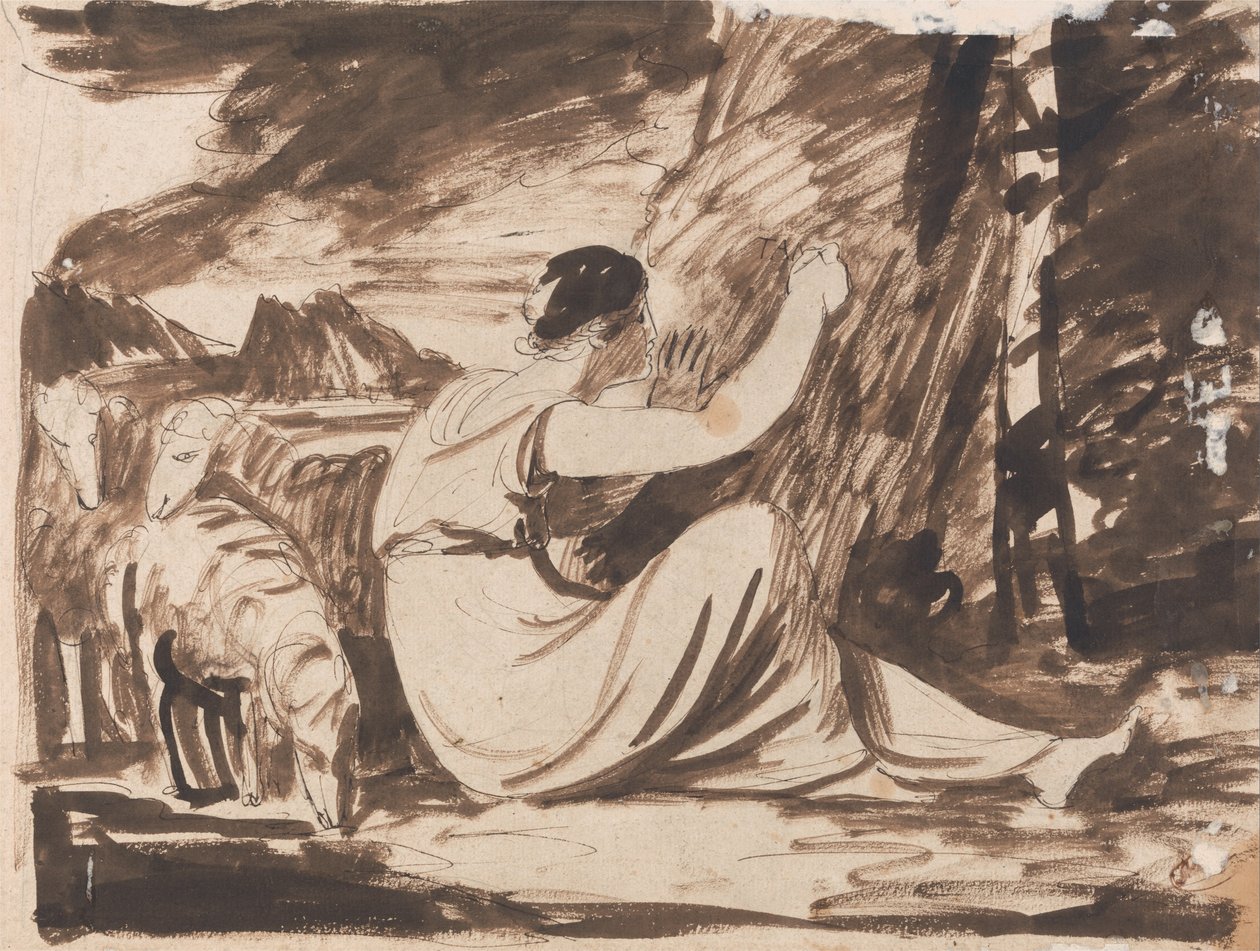 Hirtin schneidet eine Inschrift in einen Baum von George Romney