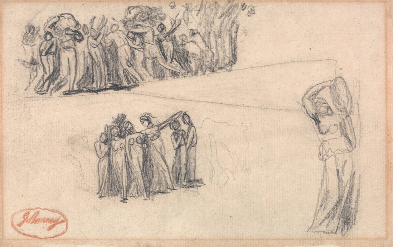 Zwei Skizzen von Frauen und Kindern auf der Flucht und stehende weibliche Figur, die Tamburin spielt, wie für Lady Anne Leveson in "Tanzende Gower-Kinder" von George Romney