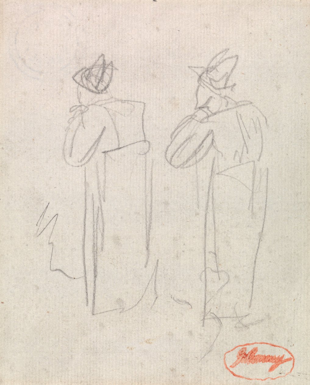Zwei stehende Figuren mit hohen Hüten von George Romney