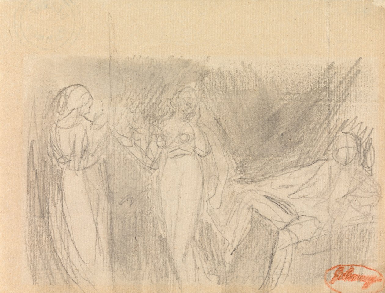 Zwei Frauen und ein sitzender Mann von George Romney