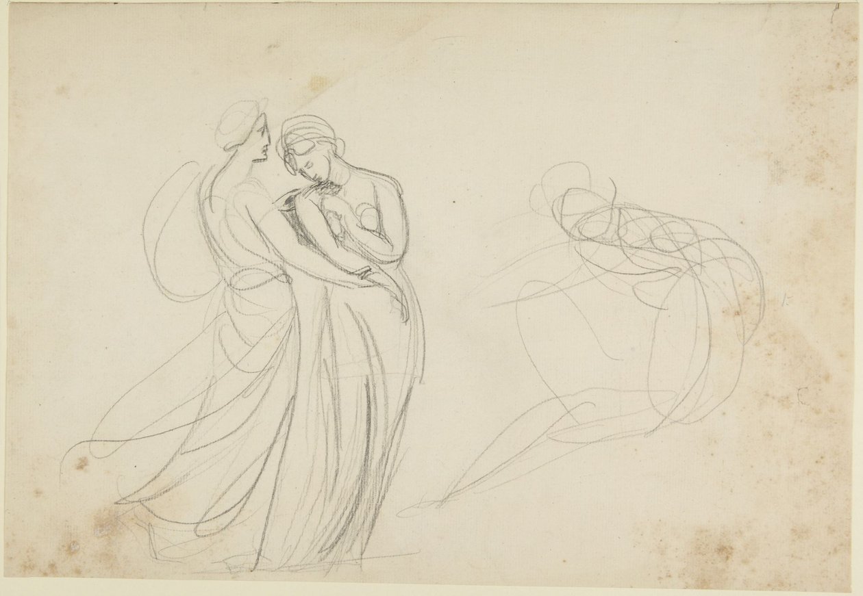 Zwei weibliche Figuren vor einer sitzenden, Studie für Zwei Mädchen, die eine Wahrsagerin konsultieren von George Romney