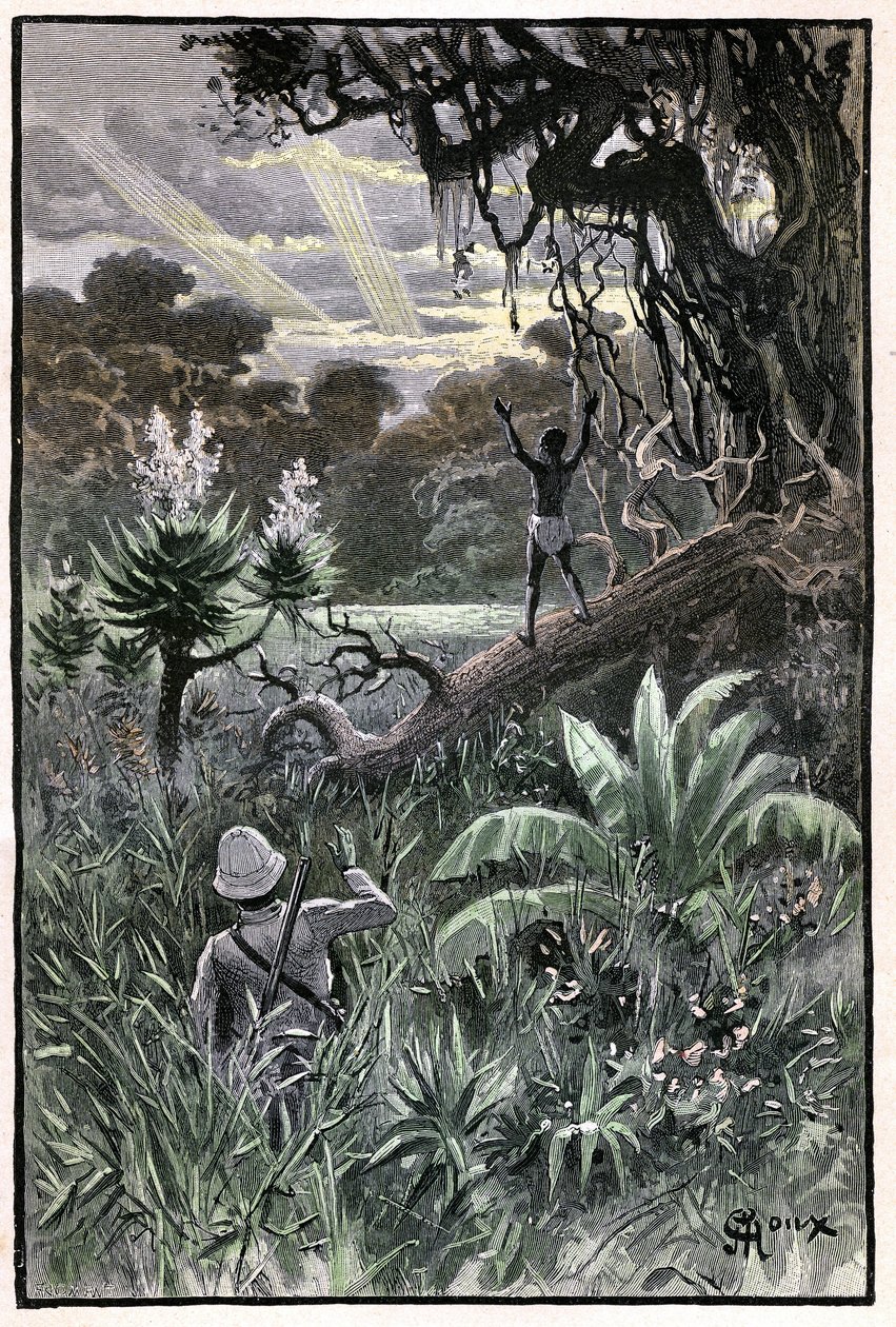 Illustration von George Roux für Jules Vernes Buch „Das Luftdorf“ (1901), Hetzel-Ausgabe/Extraordinary Voyages, Bekannte und Unbekannte Welten. Blick auf einen afrikanischen Wald (Kongo) von George Roux