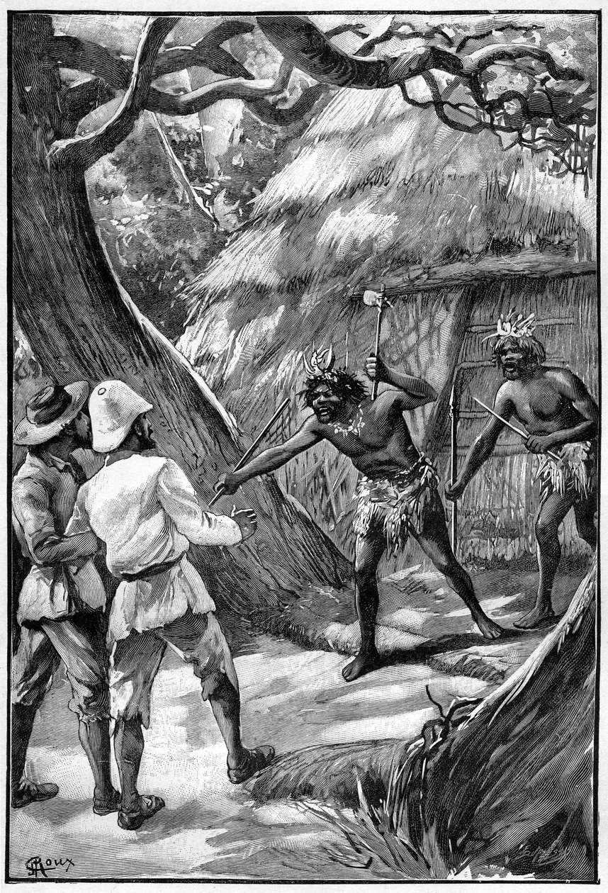 Illustration von George Roux für das Buch von Jules Verne Das Luftdorf (1901), Hetzel-Ausgabe/Extraordinäre Reisen, Bekannte und Unbekannte Welten. Zwei Wagdiss-Wächter bedrohen Entdecker mit ihren verzweigten Waffen von George Roux