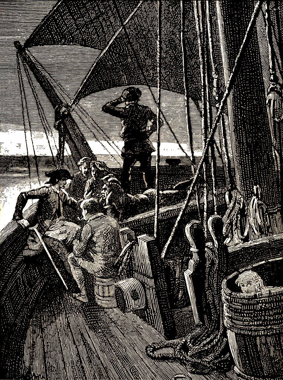 Jim Hawkins belauscht ein Gespräch, das die Piratenmeuterei enthüllt von George Roux