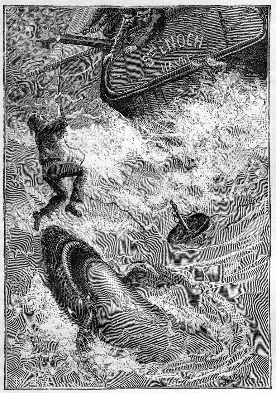 Jules Vernes Roman „Les histoires de Jean-Marie Cabidoulin“ (1901), Hetzel Sammlung/Extraordiaires, Illustration von George Roux. „Maritime Szene: Matrose von Hai im Pazifischen Ozean angegriffen“ von George Roux