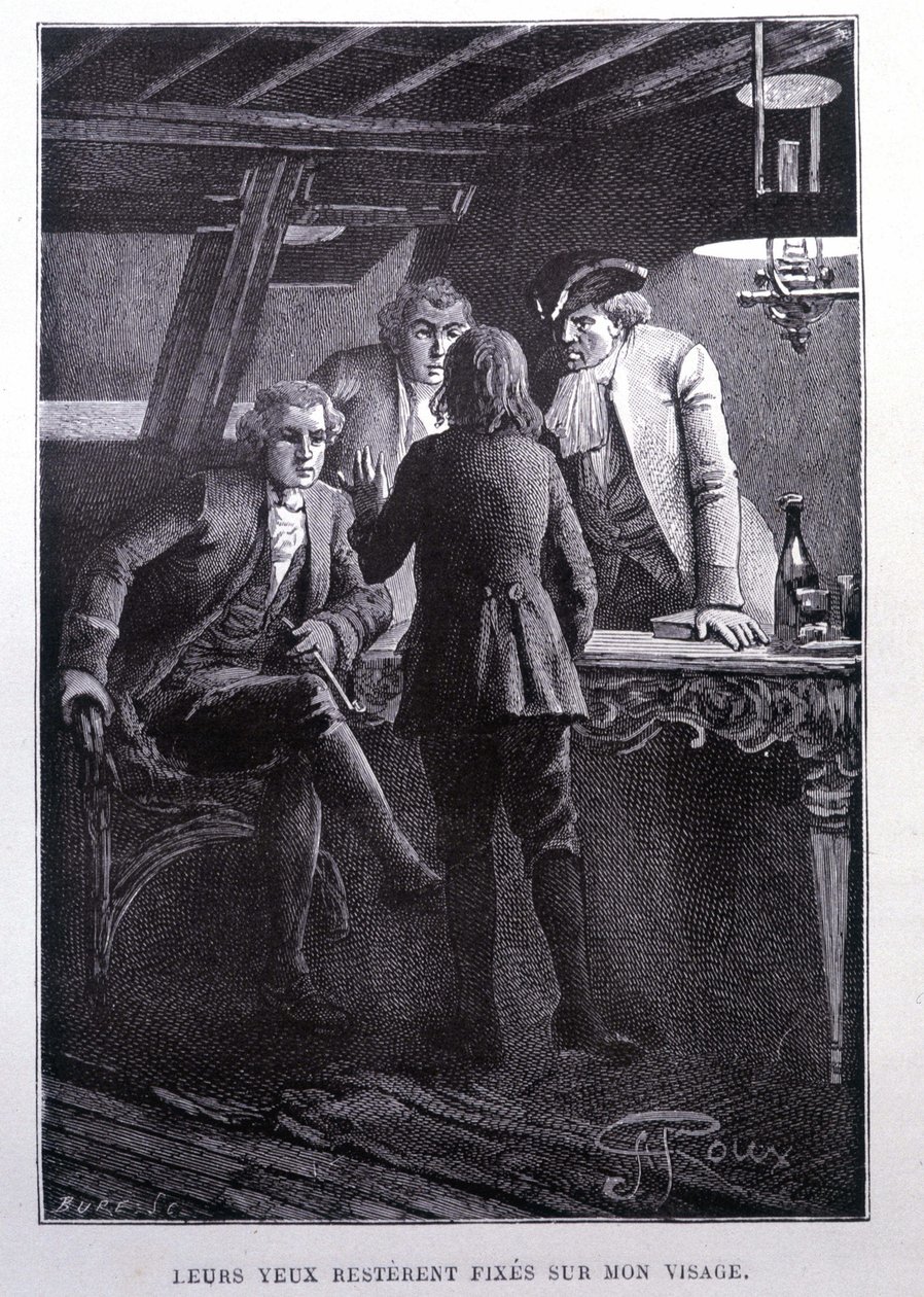 Geschichtsszene auf dem Schiffplatz: junger Jim Hawkins vor Dr. Livesey und dem Chevalier Trelawnay - in Stevensons „Die Schatzinsel“ von George Roux
