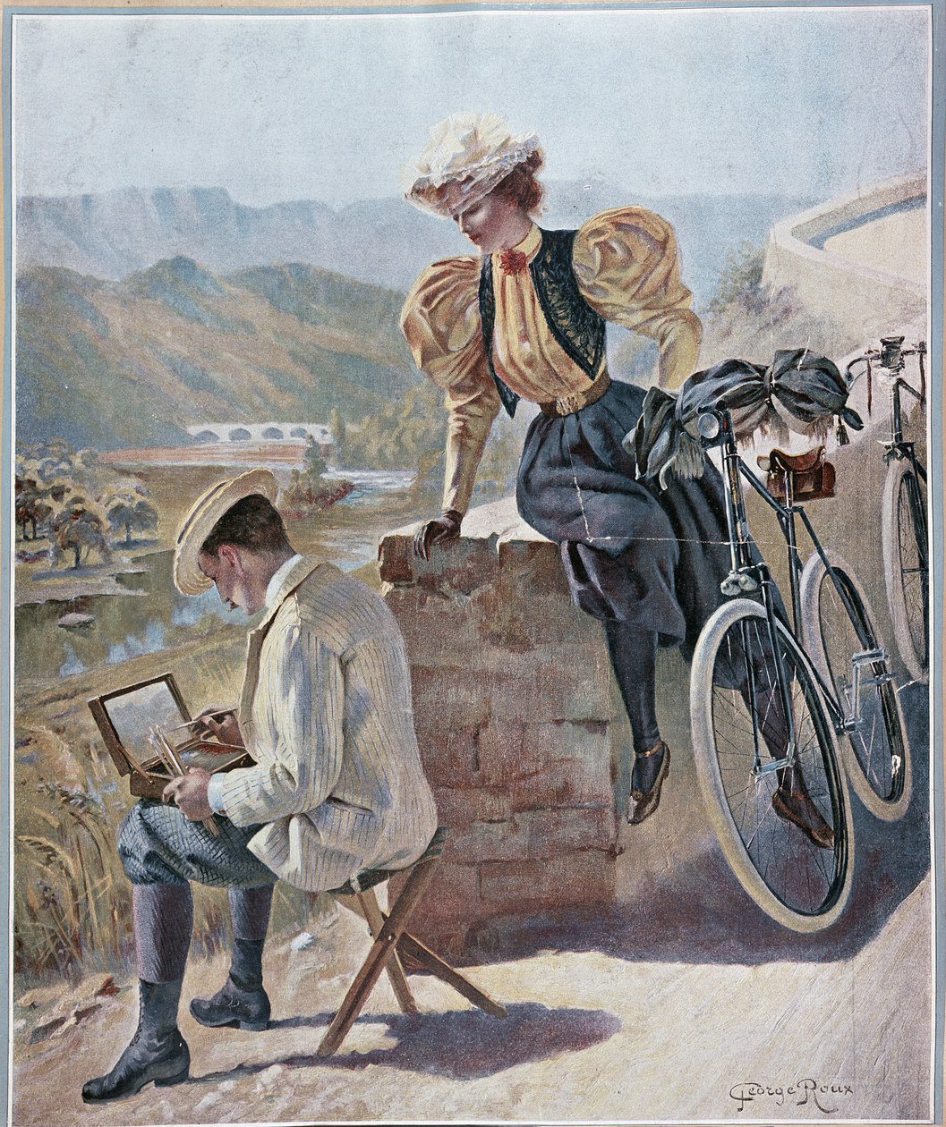 Aquarell und Radfahren - Lithografie von Georges Roux, um 1900 von George Roux