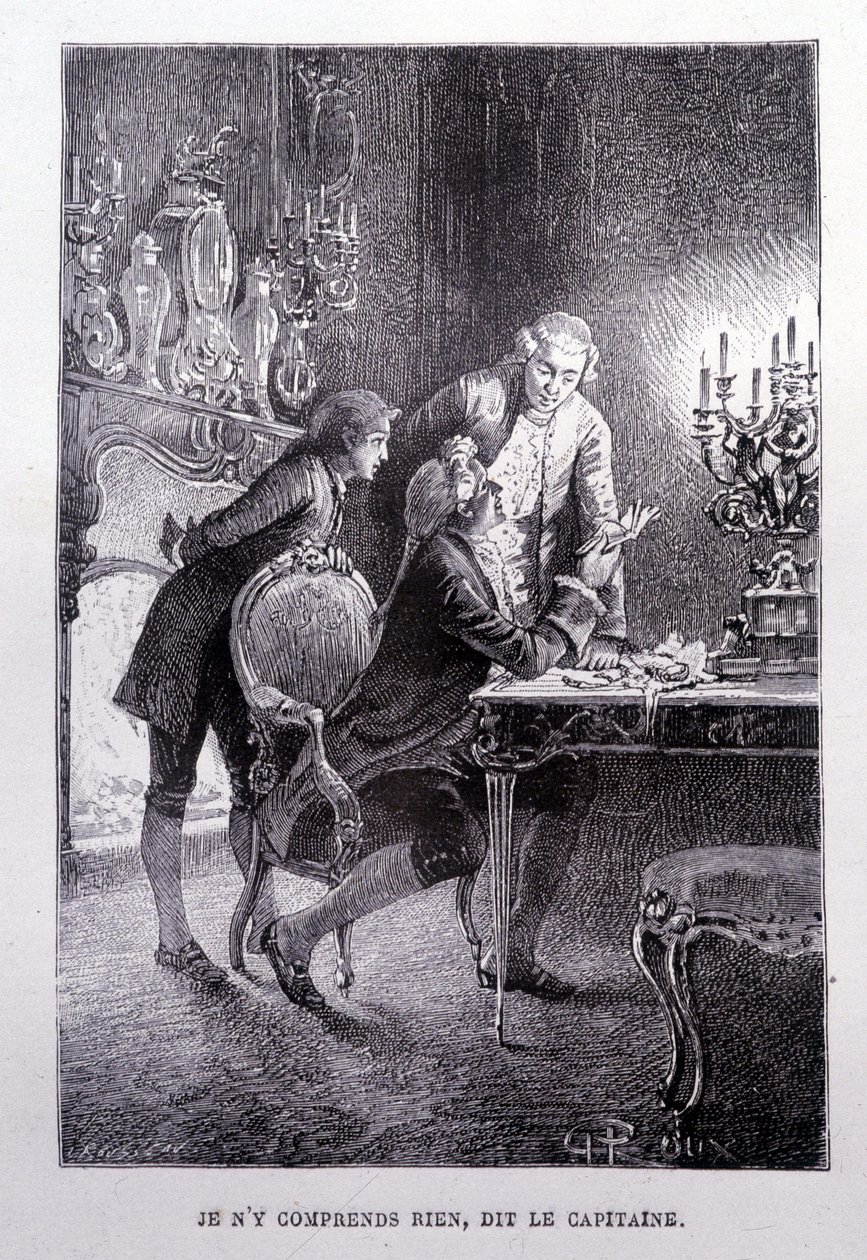 Junger Jim Hawkins, Chevalier Trelawnay und Doktor Livesey versöhnen sich in einem Wohnzimmer - in Die Schatzinsel von Stevenson, illustriert von George Roux, ed. Hetzel von George Roux