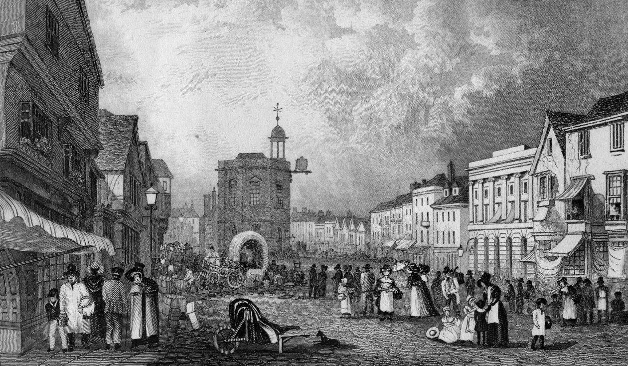 High Street, Maidstone, Ein Markttag, graviert von S. Lacey, veröffentlicht 1832 von George Shepherd