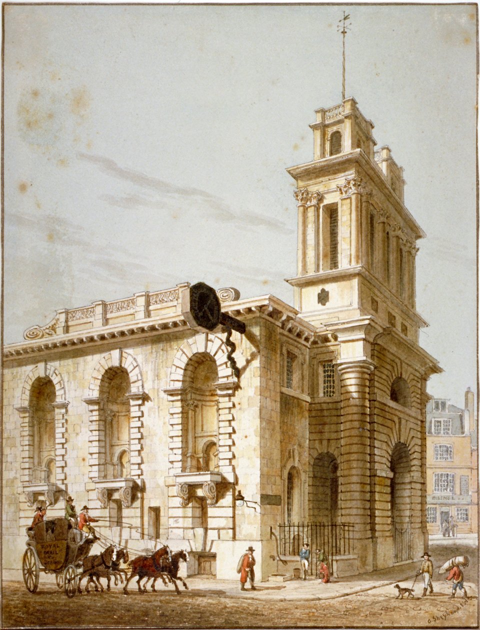 Nordwestansicht der Kirche St. Mary Woolnoth, City of London, 1812 von George Shepherd