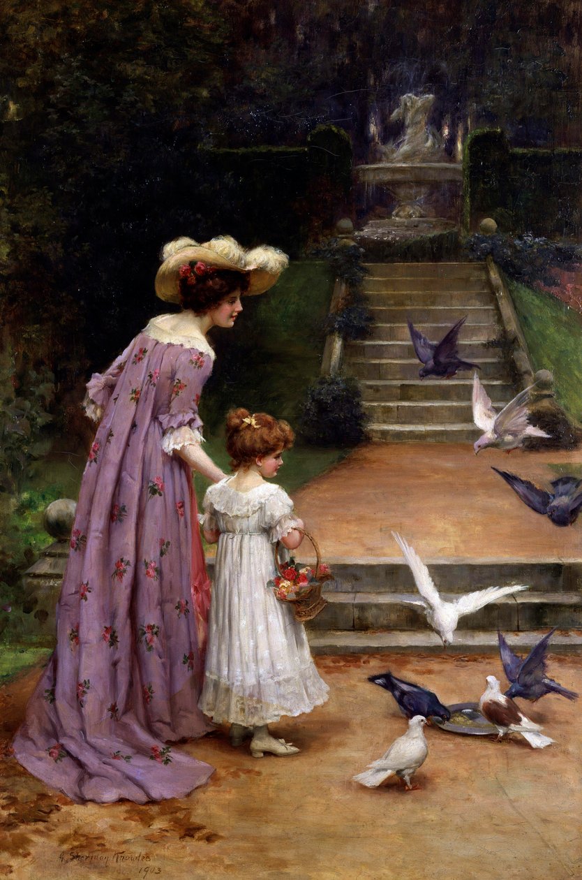Die Tauben füttern: Eine Mutter und ihre Tochter füttern die Vögel in einem Park von George Sheridan Knowles