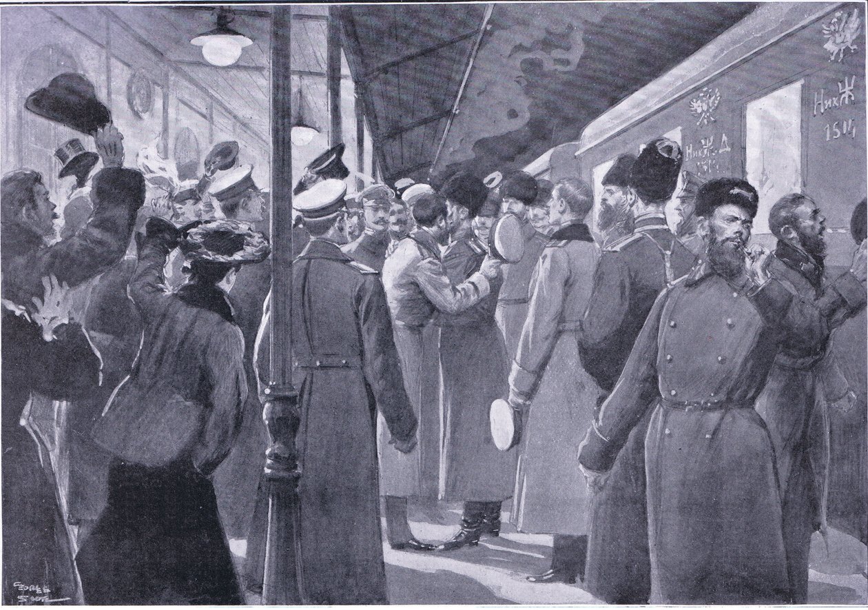 Der Zar verabschiedet sich von Offizieren der Kaiserlichen Garde, Illustration aus Cassells Geschichte des Russisch-Japanischen Krieges Band 1, ca. 1900 von George Soper