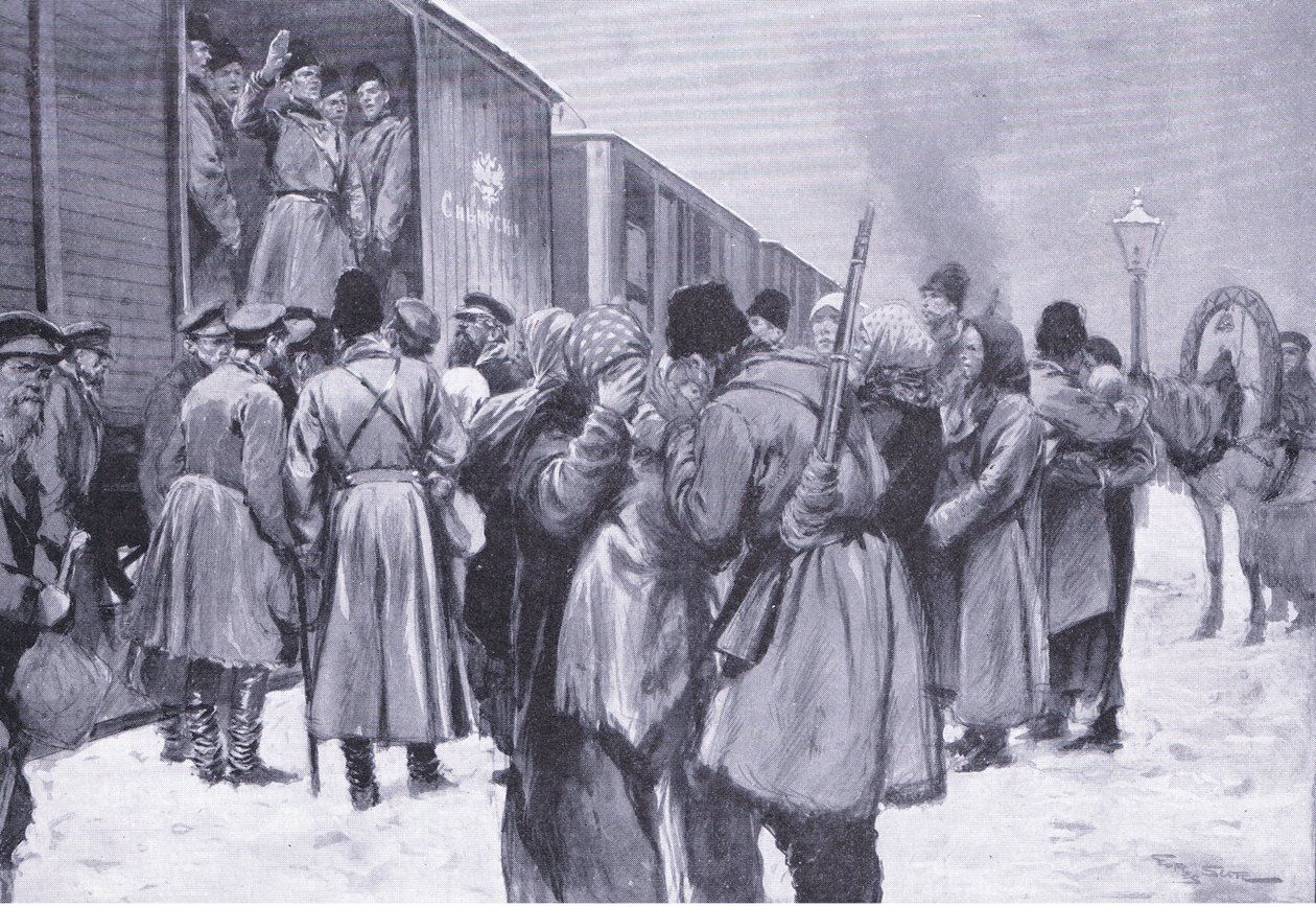 Abreise russischer Truppen in den Fernen Osten, Illustration aus Cassells Geschichte des Russisch-Japanischen Krieges Band 1, ca. 1900 von George Soper