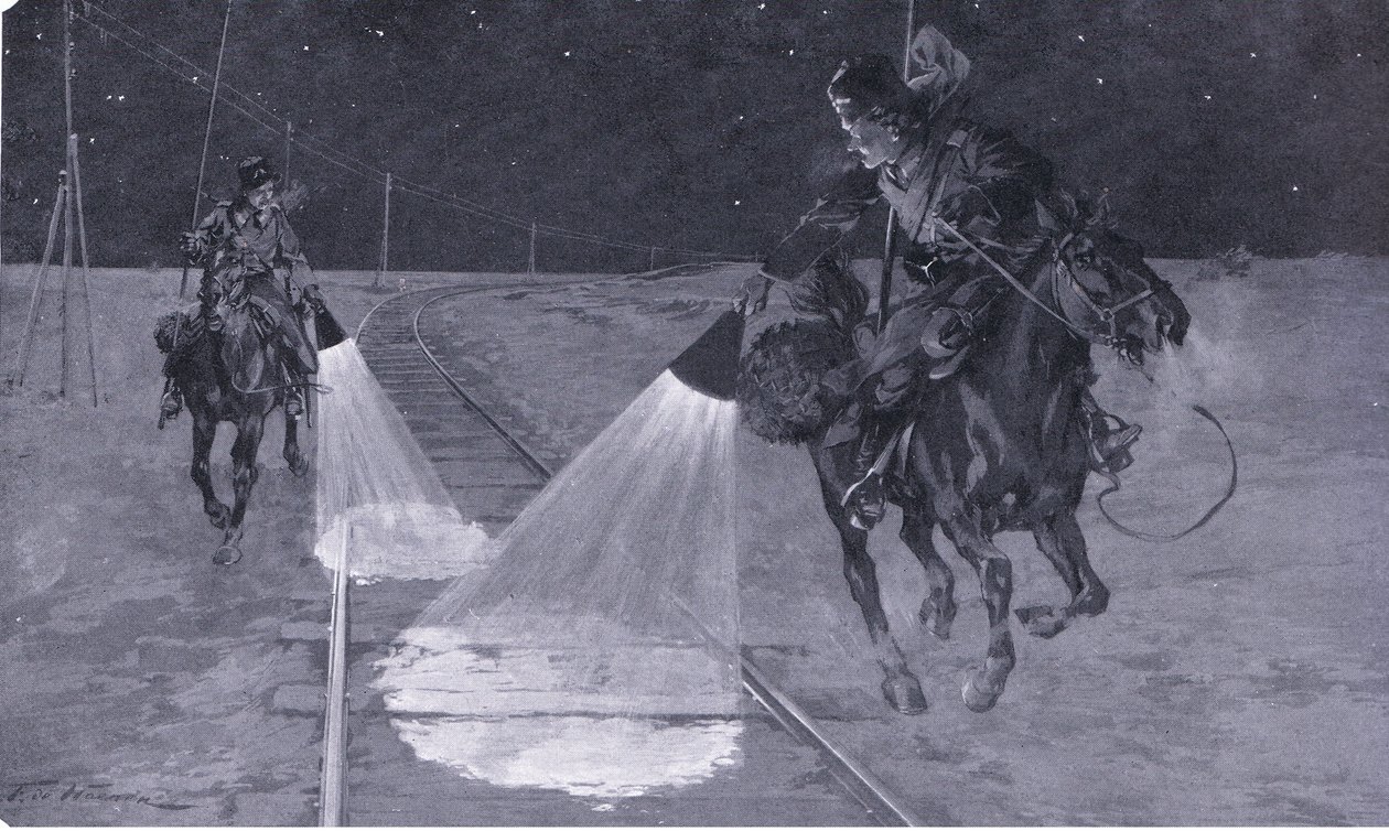 Auf einer mandschurischen Eisenbahn: Nachtpatrouille, Illustration aus Cassells Geschichte des Russisch-Japanischen Krieges Band 1, ca. 1900 von George Soper